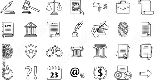 Law and Justice Icons Set: Legal Symbols and Business Elements
