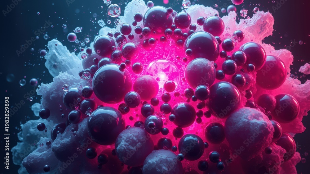 Fototapeta premium Vibrant spheres burst forth, pink light radiates. Fluid motion creates dynamic, abstract composition. Deep blues contrast bright hues.