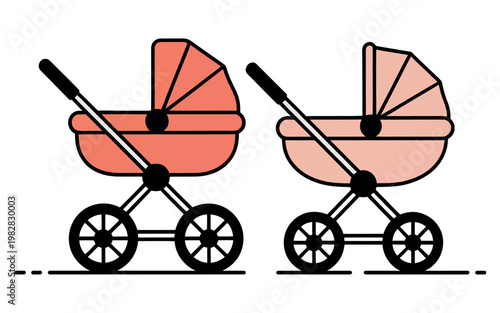 Two baby strollers in different shades of pink on a white background