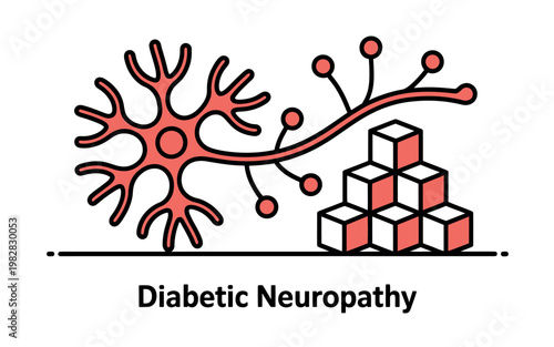 An illustration depicting diabetic neuropathy with a neuron and damaged nerve endings