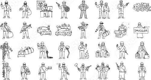 Hand-Drawn Black and White Icons of Criminals, Smugglers, and Law Enforcement Characters