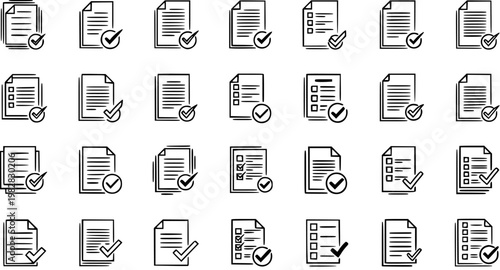 Icon Set of Checked Documents, Checklists, and Approved Forms in Black and White