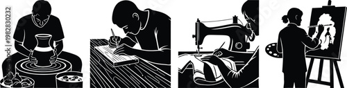 Black and white silhouettes of people engaged in various crafts and artistic hobbies