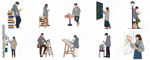 Set of young students and professionals engaged in academic and creative activities like studying, researching, designing, and brainstorming in casual outfits with coffee.