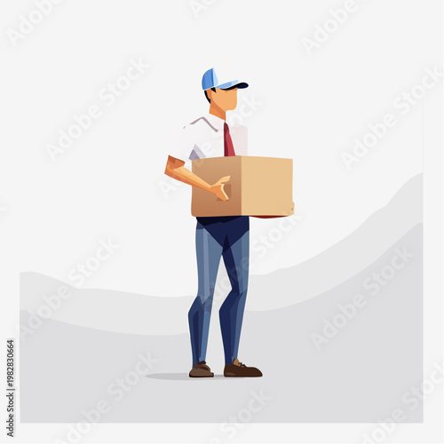 Illustration of a delivery man in uniform holding a package, ready to deliver goods.