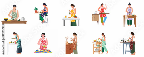 Collection of flat vector illustrations featuring women in floral aprons preparing healthy avocado-based meals and snacks in various kitchen settings.