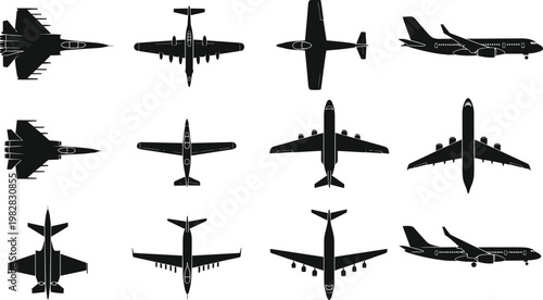 Airplane silhouettes collection, diverse aircraft viewed from above, fighter jets, propeller planes, and commercial airliners illustration