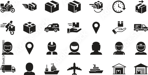 Black silhouette icons set delivery logistics transportation and headwear representing modern services