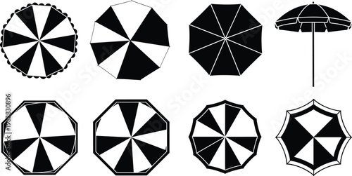 Black and white umbrella top view illustrations with geometric patterns, octagonal edges, scalloped borders, and decorative canopy designs