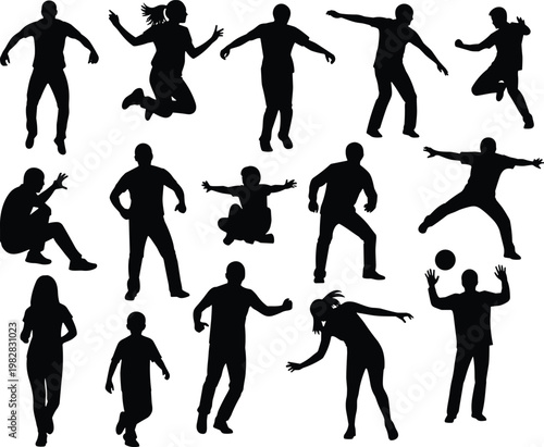 Collection of active people silhouettes showing jumping, dancing, running and dynamic poses isolated on white background for fitness and lifestyle design
