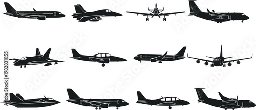 Collection of airplane silhouettes including commercial jets and military aircraft isolated on white background for aviation transport and flight design