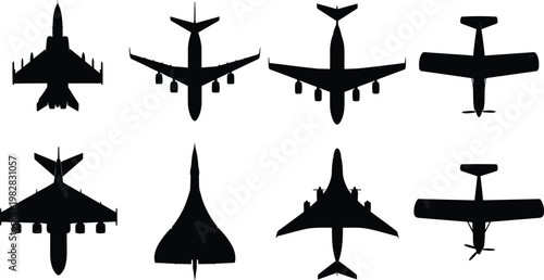 Collection of diverse aircraft silhouettes including military jets, commercial airliners, and propeller planes viewed from above