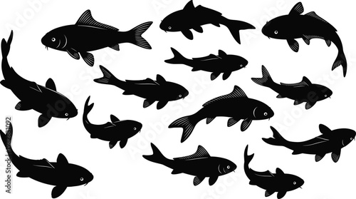 Collection of diverse fish silhouettes swimming together in formation, representing aquatic life and underwater movement patterns