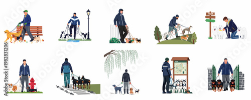 Collection of flat illustrations depicting professional dog walkers with various breeds of dogs in different outdoor settings like parks and city streets.