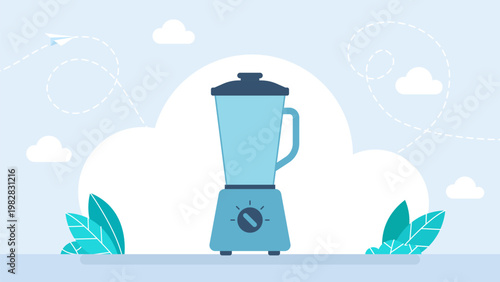 Modern blue electric kitchen blender for making healthy smoothies, fresh fruit juices and organic protein shakes, essential household appliance for cooking. Vector illustration.