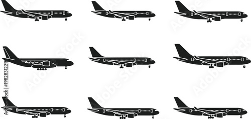 Commercial airplane silhouettes set, black-and-white side view illustrations of passenger aircraft with wings, engines, and landing gear
