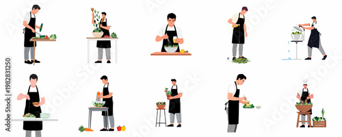 Collection of flat illustrations showing men in aprons preparing fresh salads, including chopping, tossing, dressing, and plating healthy meals.