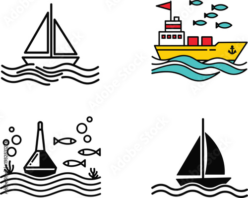 Boat and sailing icon set featuring sailboat, fishing boat, underwater diving symbol and marine navigation water transport vector illustration