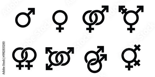 Gender identity symbols set, 8 black vector icons representing male female and transgender orientations, lgbtq pride and sexual equality signs