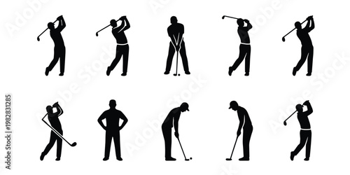 Professional golf player silhouettes set, 10 male golfer vector icons in various swing poses, athletic man playing golf on white background
