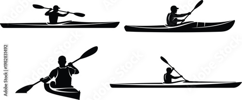 Kayaking silhouette collection set, canoe paddling sport vector illustration, water adventure activity characters isolated black shapes outdoor recreation design