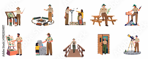 Diverse collection of park ranger illustrations showing duties including fire safety, trail guidance, education, and observation in a national park setting.