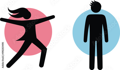 Male and female silhouette icons with colorful circle backgrounds, simple vector illustration representing gender identity, people symbols in modern flat style