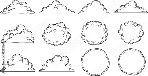 Set of cloud line art illustrations featuring different sky cloud shapes, weather elements isolated for design, background and decoration use