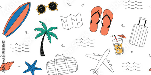 Summer vacation themed doodles including a surfboard sunglasses and travel items