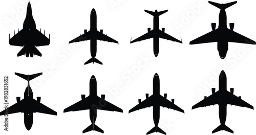 Set of airplane silhouettes vector collection featuring multiple aircraft top views, aviation transport icons isolated for travel and design use