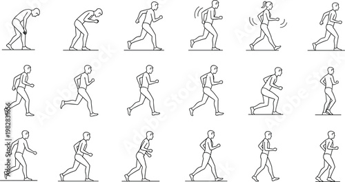 Sequence of human running motion stages from walking to sprinting isolated line art figures showing movement progression vector illustration set