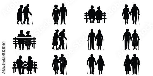Elderly couple silhouettes vector set, senior people walking with canes and sitting on park benches, retired man and woman black icons