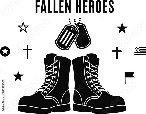 Fallen heroes memorial boots dog tags and flags in remembrance