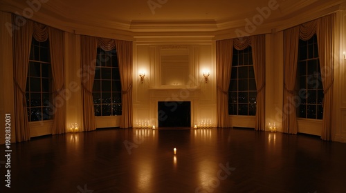 trespass. An opulent empty mansion interior lit by a single energy-saving bulb, vast spaces and contrasting atmospheres. real-estate listings.