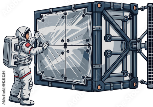 An astronaut repairs a thermal shield spacecraft, showcasing a detailed, futuristic design. A clean, modern illustration perfect for space, technology, and engineering themes.