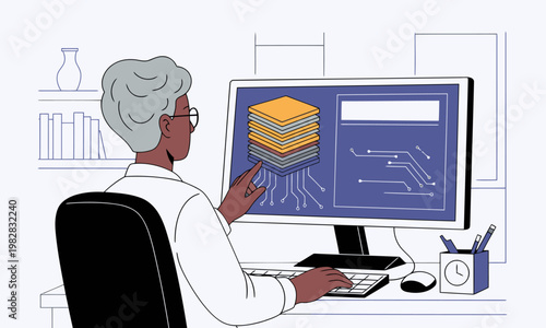 A Chiplet stacking design engineer works on a computer, visualizing layered blocks. A modern, professional setting with a focus on technology and design.