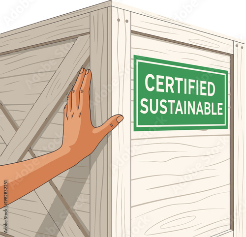 A close-up showcases a certified sustainable wooden crate with a green ?Certified Sustainable? label. A hand reaches out to examine it, highlighting eco-friendly packaging. Clean, modern design.