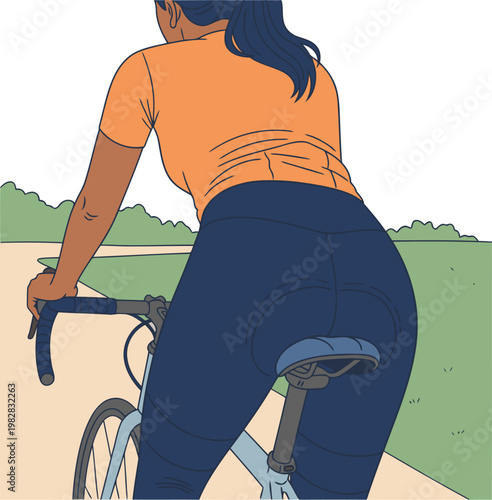 A woman cycles outdoors, wearing cycling leggings and bike gear. Dynamic action shot, showcasing athletic apparel. Vibrant colors and a clear composition.