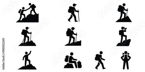 Hiking and mountaineering silhouette icons, 10 trekking and climbing vector elements, outdoor adventure and mountain tourism symbols for travel maps
