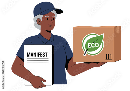 Delivery driver carries an eco-friendly box, showcasing sustainable logistics. Professional, friendly, and modern illustration. Perfect for environmental or delivery themes.