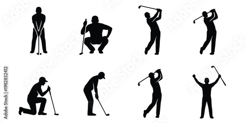 Golf player silhouette collection, 8 professional golfer poses in black vector icons, athletic men swinging golf clubs and celebrating victory