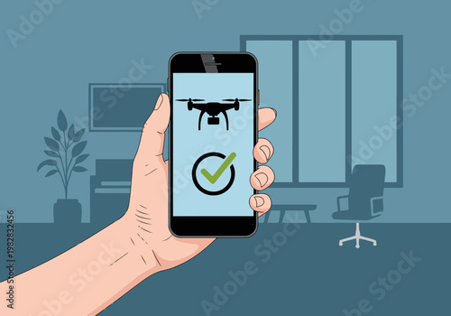 A hand holds a smartphone displaying a drone landing success icon against a modern office backdrop. Clean, professional, and visually appealing.