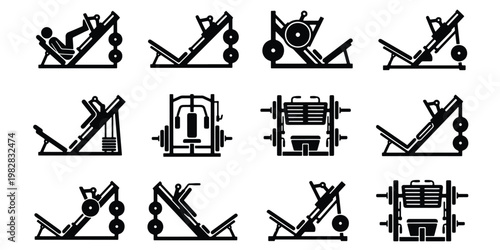 Gym leg press machine icons, 12 fitness equipment vector elements, strength training workout symbols, bodybuilding leg exercise equipment set