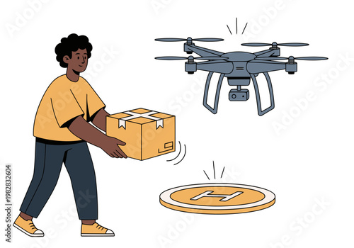 A young man delivers a package with a drone. Modern illustration showcasing drone delivery success. Bright, clean design.