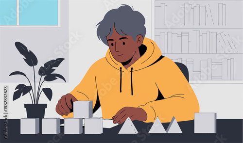 A young man focuses on building geometric shapes, promoting learning and clarity.  A modern, inviting study scene with a plant and bookshelves.