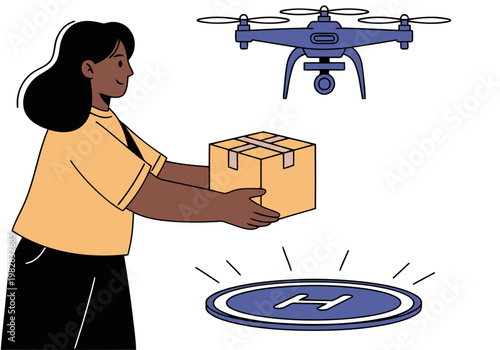 A smiling woman operates a drone delivering a package.  Clean, modern design showcases successful drone delivery.  Focus on Zero Glow status and package receipt.