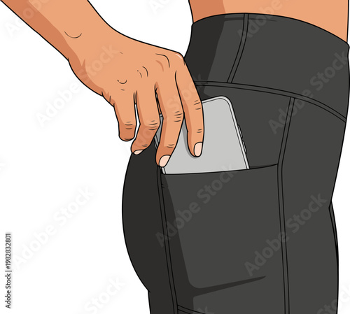A woman pulls out her smartphone from a pocket in her black leggings during a workout. Focus on the functional pocket detail. Modern fitness apparel.