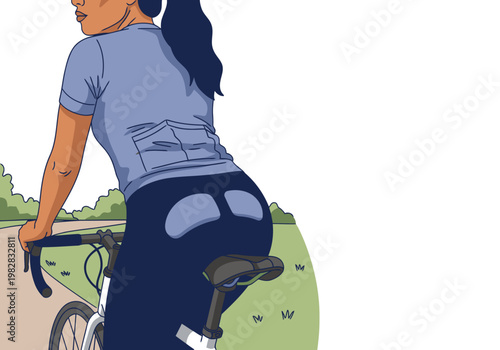 A woman rides a bicycle wearing cycling leggings and padded shorts. She?s outdoors on a path, showcasing comfortable bike gear. Clean, modern illustration.