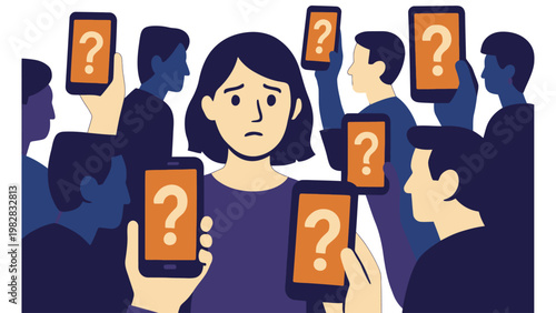 Mobile phone icon illustration of confused woman surrounded by question mark screens