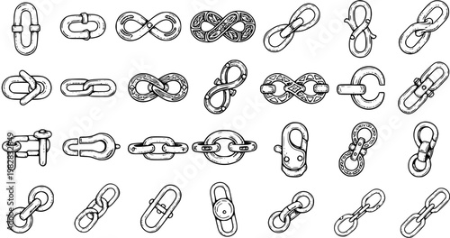 Hand Drawn Chain Links and Connectors Icon Set: Sketch Style Vector Illustrations of Metal Shackles, Fasteners, Infinity Symbols, and Industrial Elements.